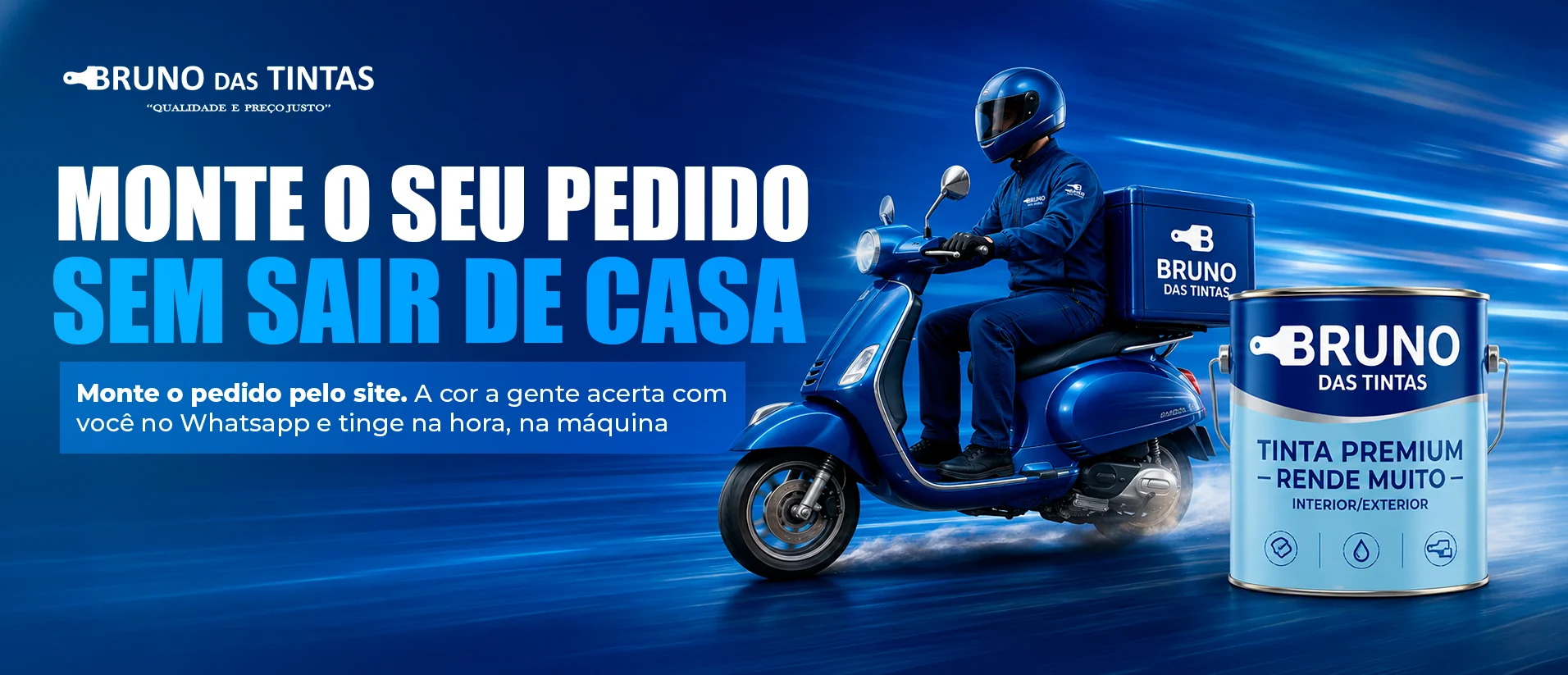 Monte o seu pedido sem sair de casa. Entregador da Bruno das Tintas de moto, com lata de Tinta Premium Rende Muito.