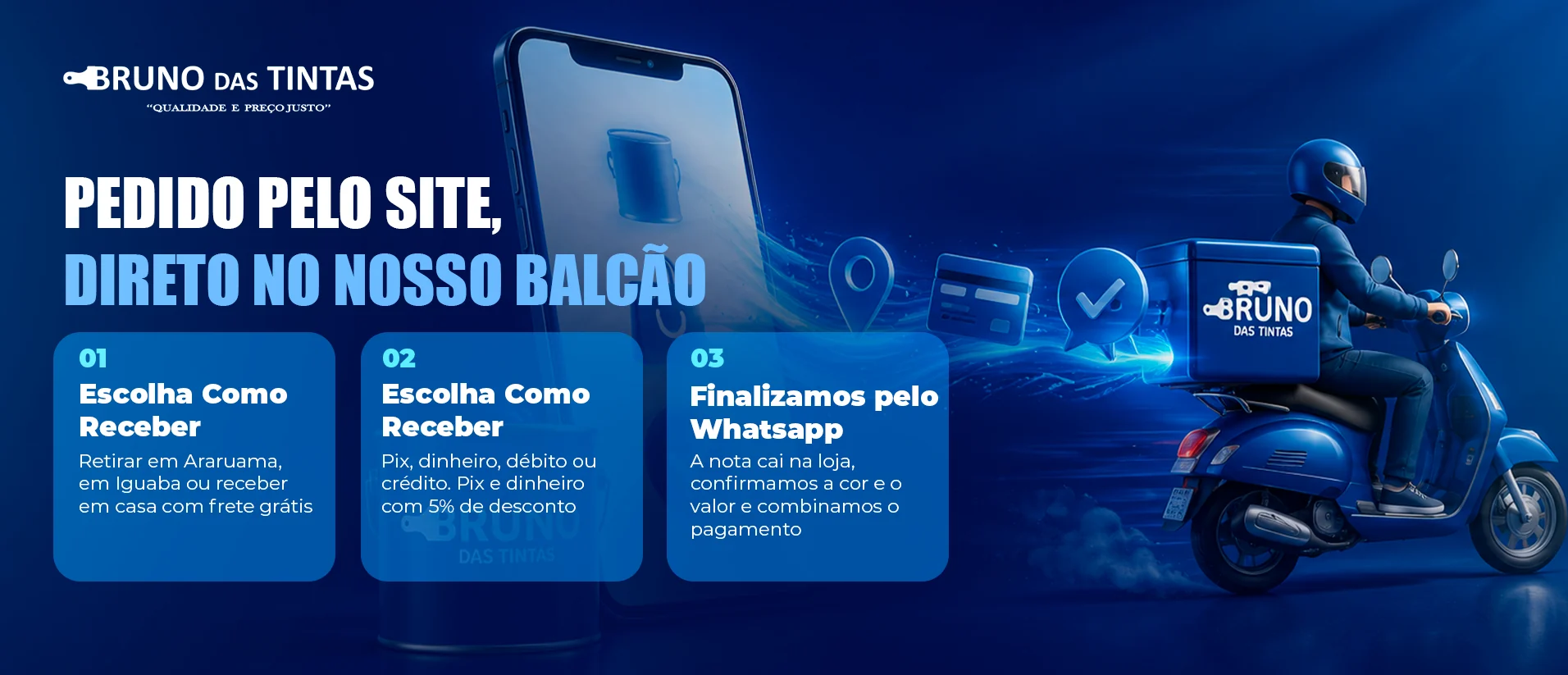 Pedido pelo site, direto no nosso balcão. Passo 1: escolha como receber — retirar em Araruama, em Iguaba, ou receber em casa com frete grátis. Passo 2: escolha como pagar — PIX, dinheiro, débito ou crédito, com 10% de desconto no PIX, dinheiro e débito. Passo 3: finalizamos pelo WhatsApp — a nota cai na loja, confirmamos a cor e o valor e combinamos o pagamento.